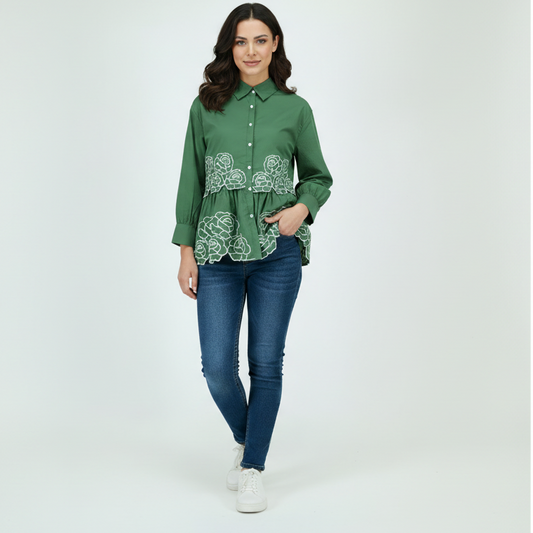 Dark Green Floral Embroidered Peplum Shirt – Free Size