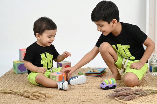 Boys Neon Green “HT” Graphic T-Shirt and Shorts 2-Piece Set