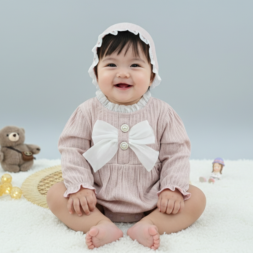 Blush Pearl Bow Ribbed Baby Romper Set