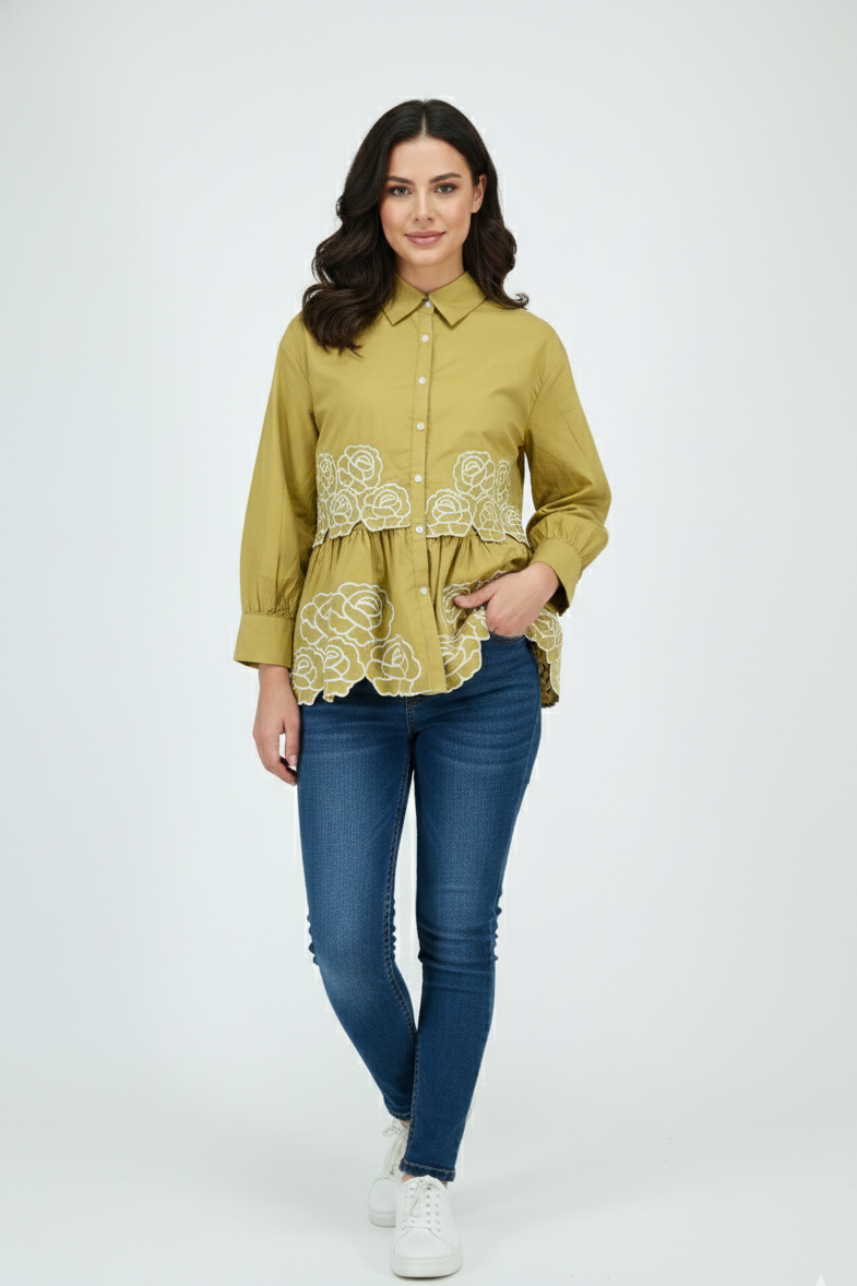 Olive Floral Embroidered Peplum Shirt – Free Size