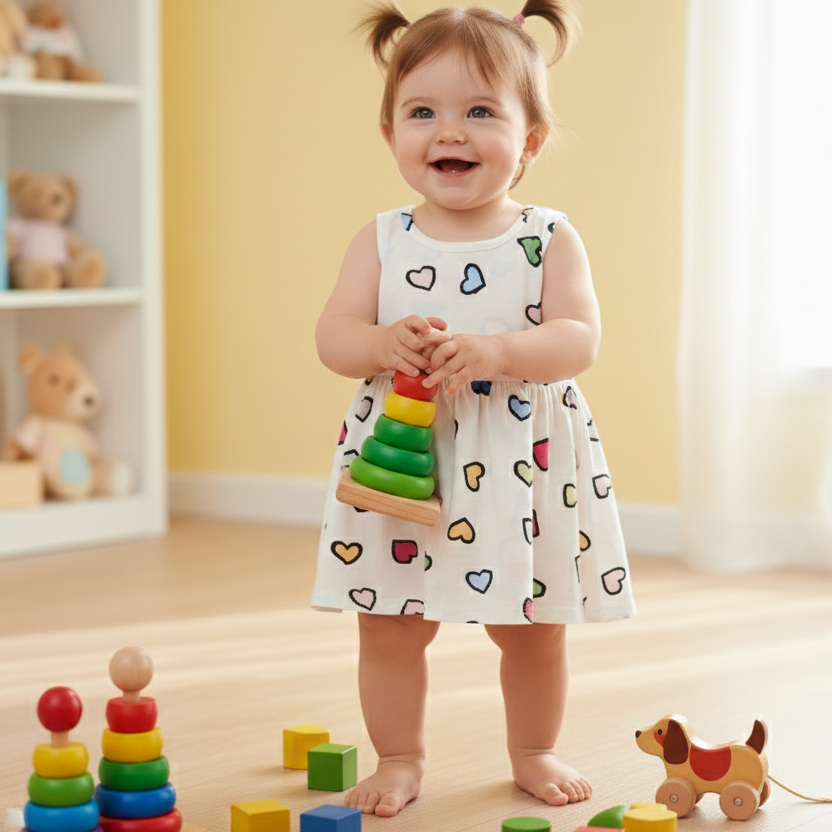 Cute Heart Print Girls Cotton Dress – Soft Summer Wear