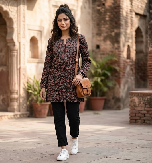 Women’s Elegant Paisley Embroidered Kurti – Black