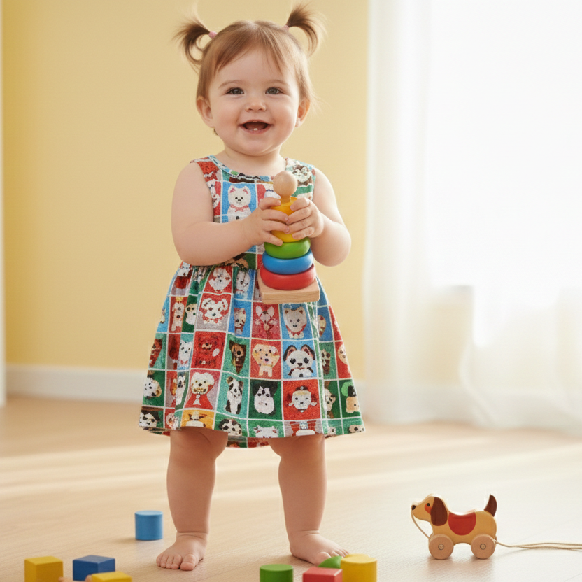 Girls Cartoon Print Cotton Dress – Cute Multicolor Casual Wear