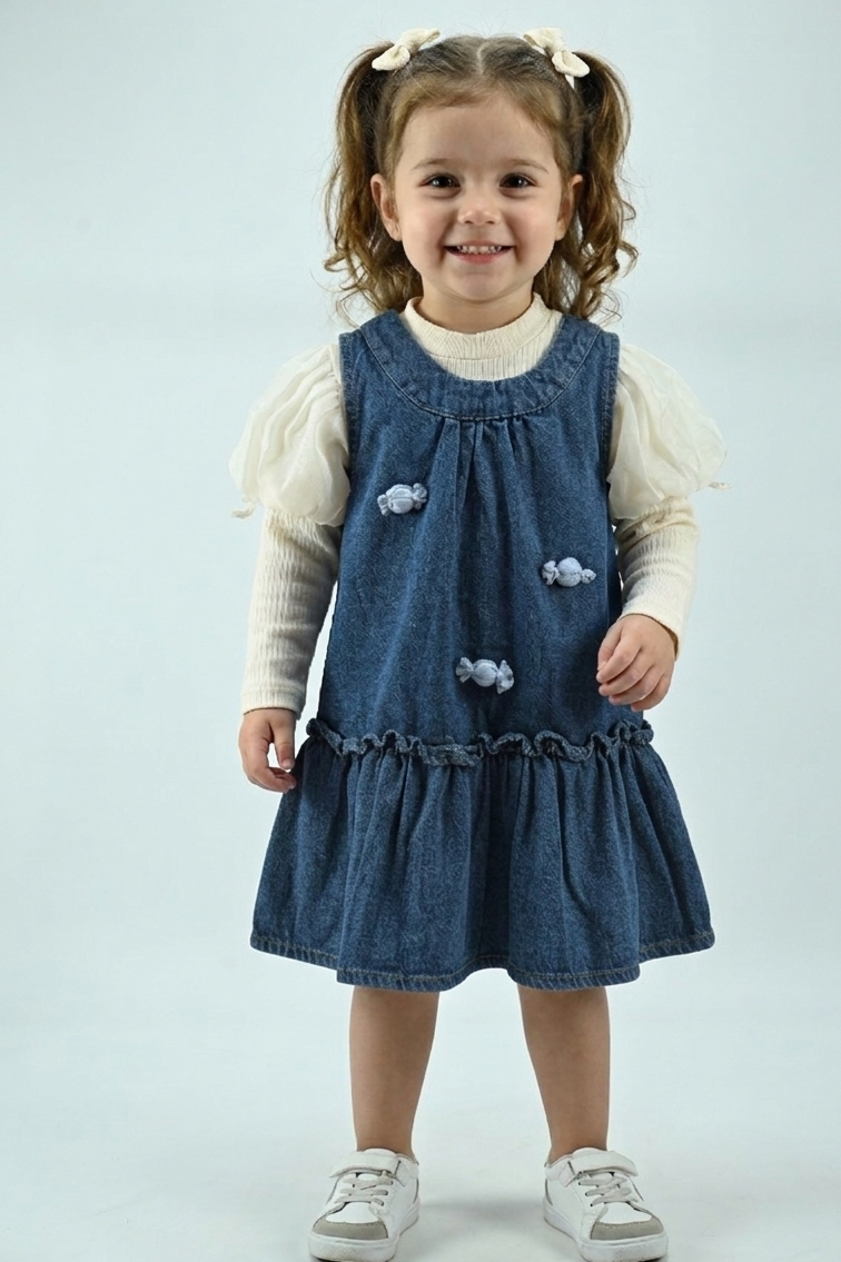 Girls Denim Pinafore Dress with Cotton Inner Top (2-Piece Set)