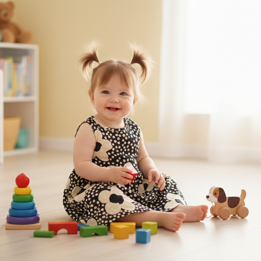 Girls Floral Print Cotton Dress – Classic Black & White Style