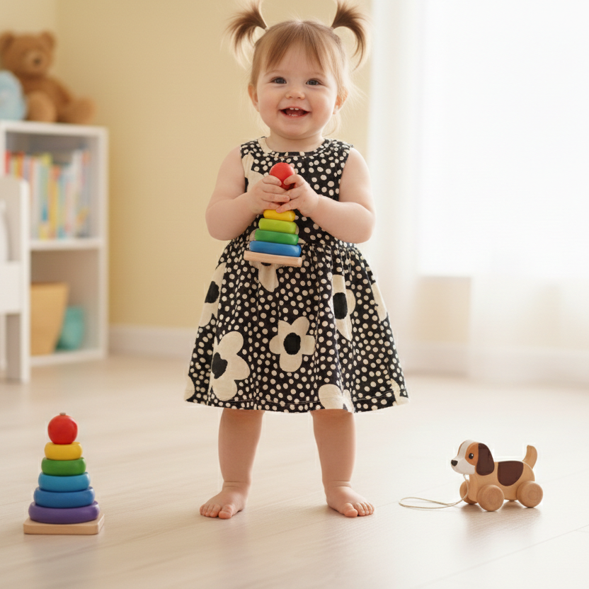 Girls Floral Print Cotton Dress – Classic Black & White Style