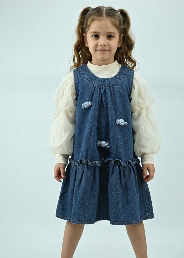 Girls Denim Pinafore Dress with Cotton Inner Top (2-Piece Set)