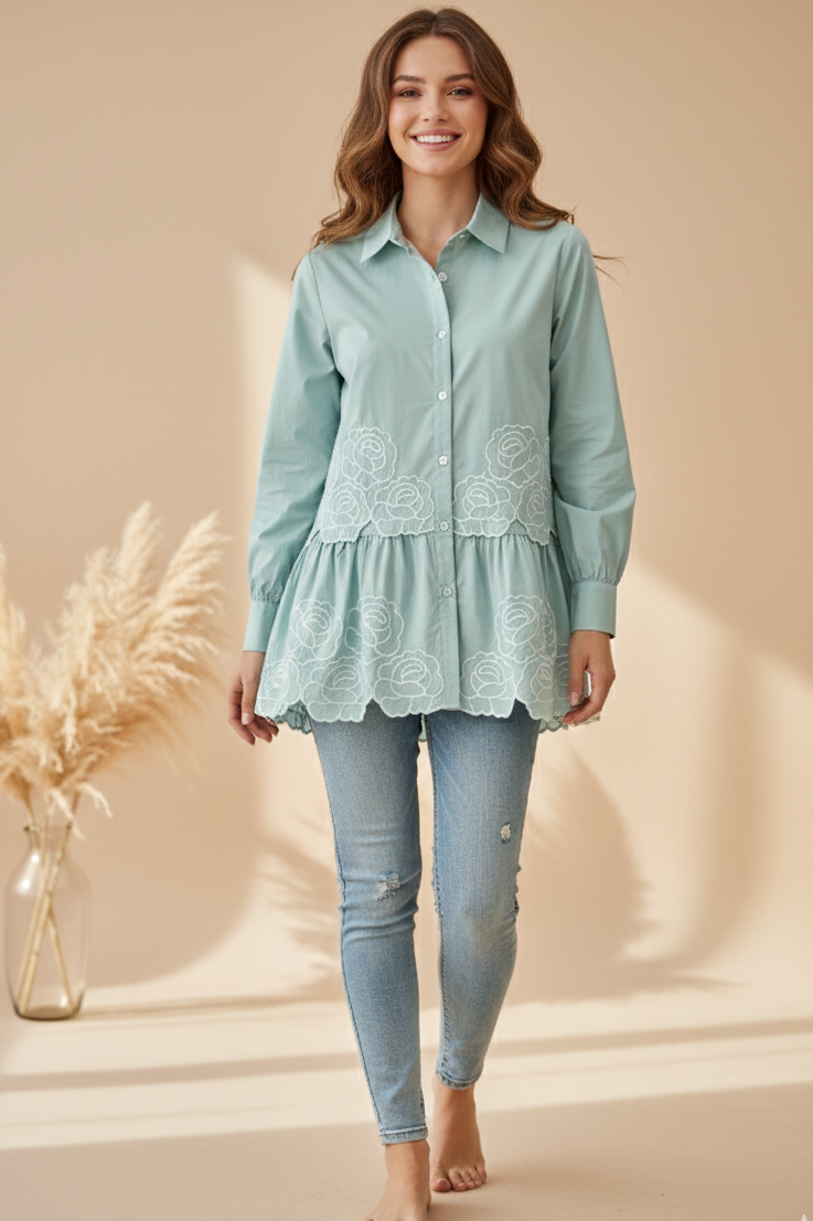 Light Green Floral Embroidered Peplum Shirt – Free Size