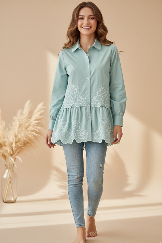 Light Green Floral Embroidered Peplum Shirt – Free Size