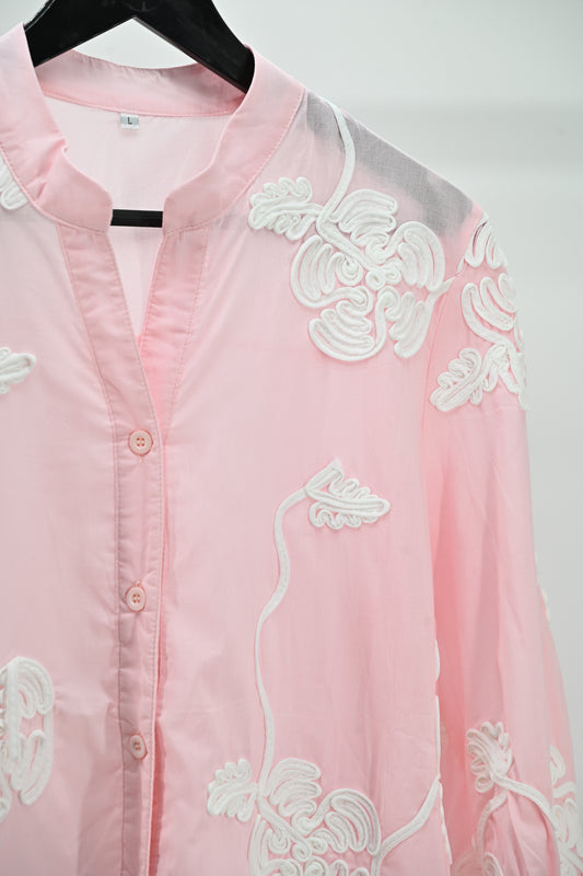 Women’s Elegant Embroidered Sheer Shirt – Soft Pink