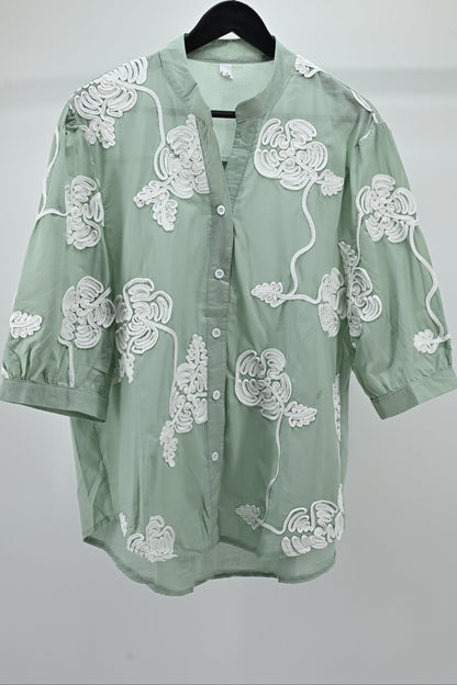 Sage Green Embroidered Sheer Shirt – Elegant Women’s Top