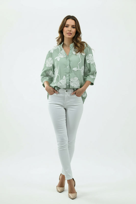 Sage Green Embroidered Sheer Shirt – Elegant Women’s Top