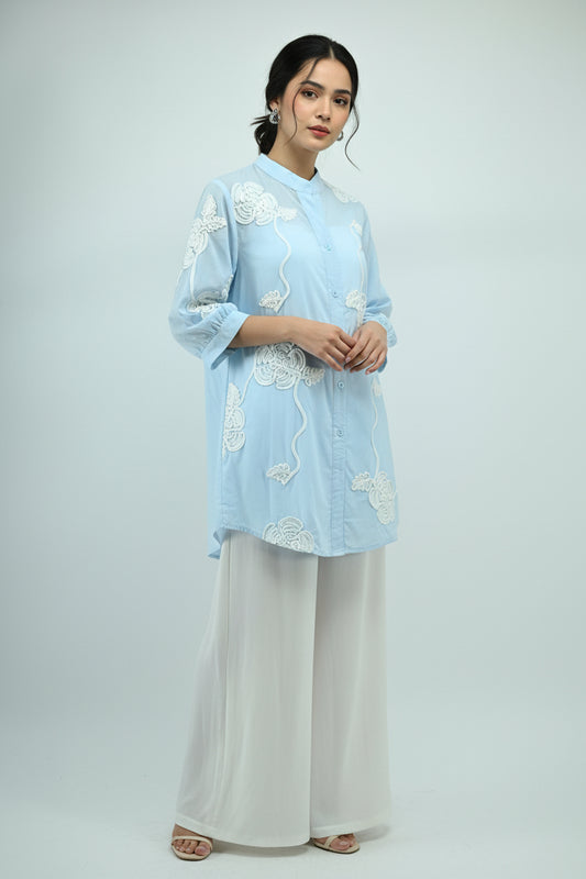 Women’s Sky Blue Embroidered Sheer Shirt