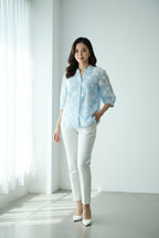 Sky Blue Floral Embroidered Sheer Top