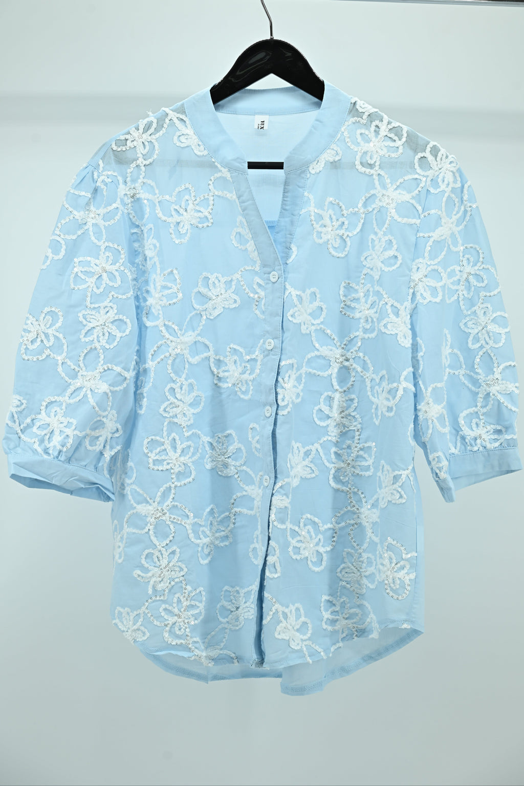 Sky Blue Floral Embroidered Sheer Top