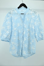 Sky Blue Floral Embroidered Sheer Top