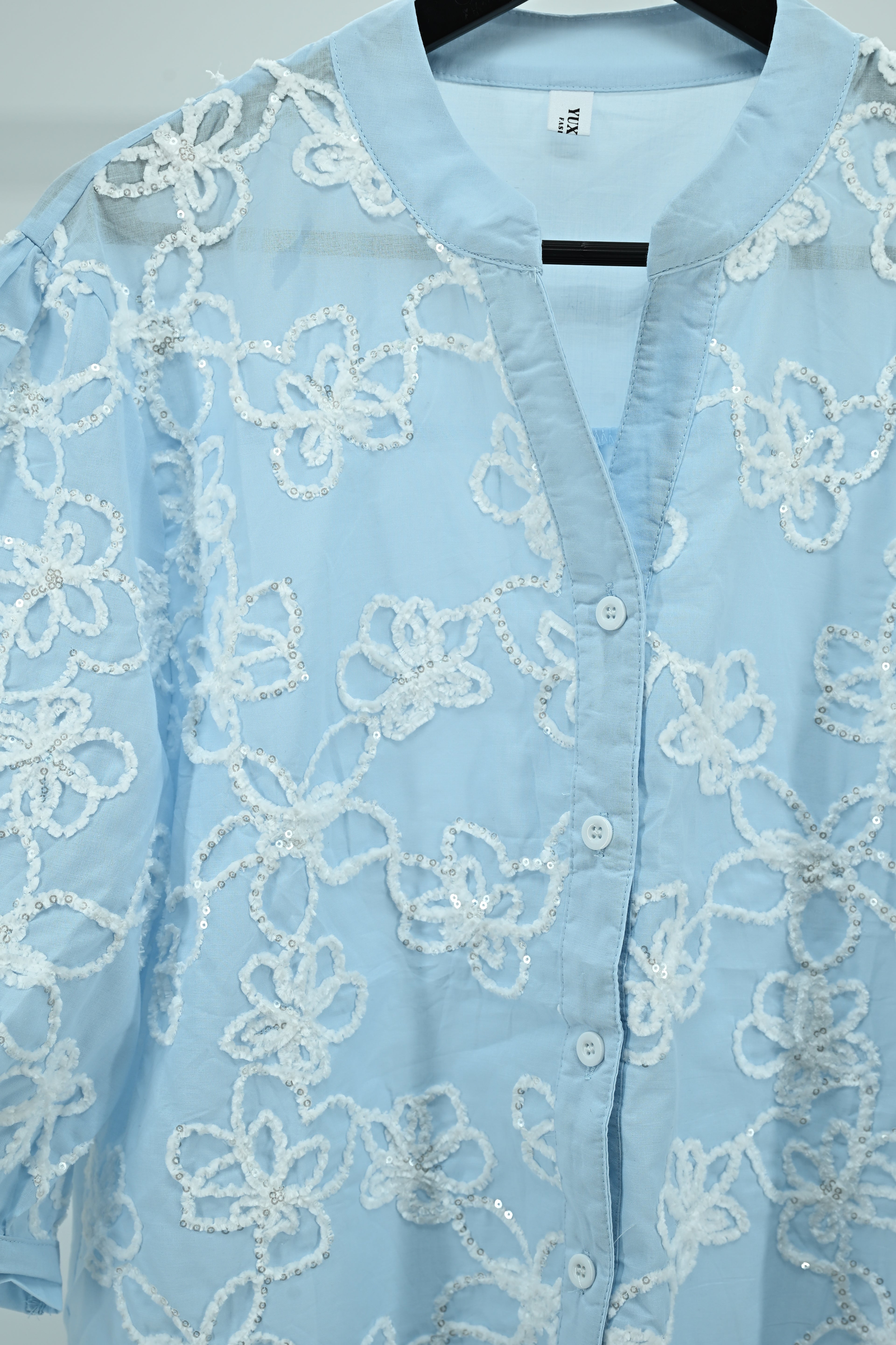 Sky Blue Floral Embroidered Sheer Top