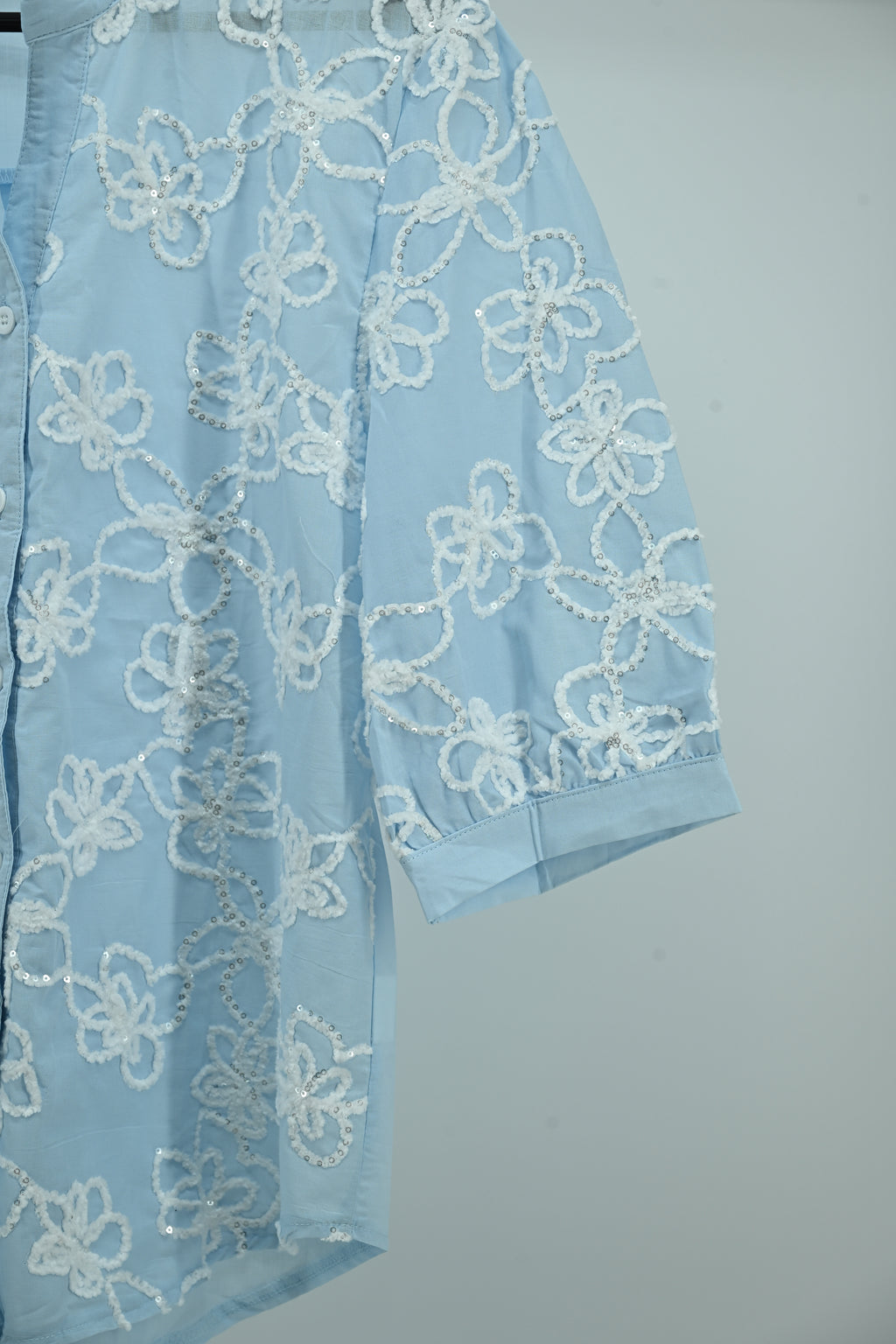 Sky Blue Floral Embroidered Sheer Top