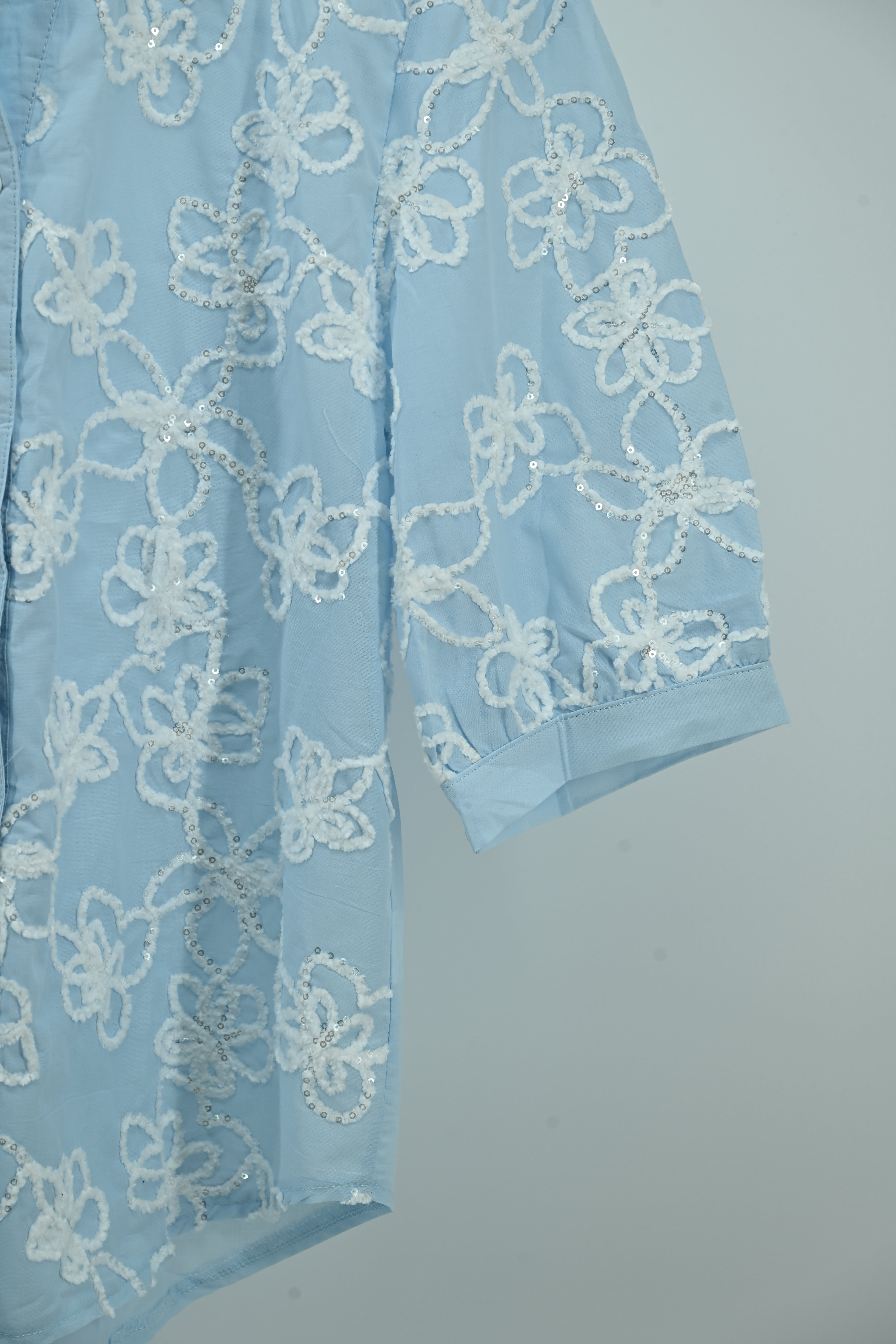 Sky Blue Floral Embroidered Sheer Top