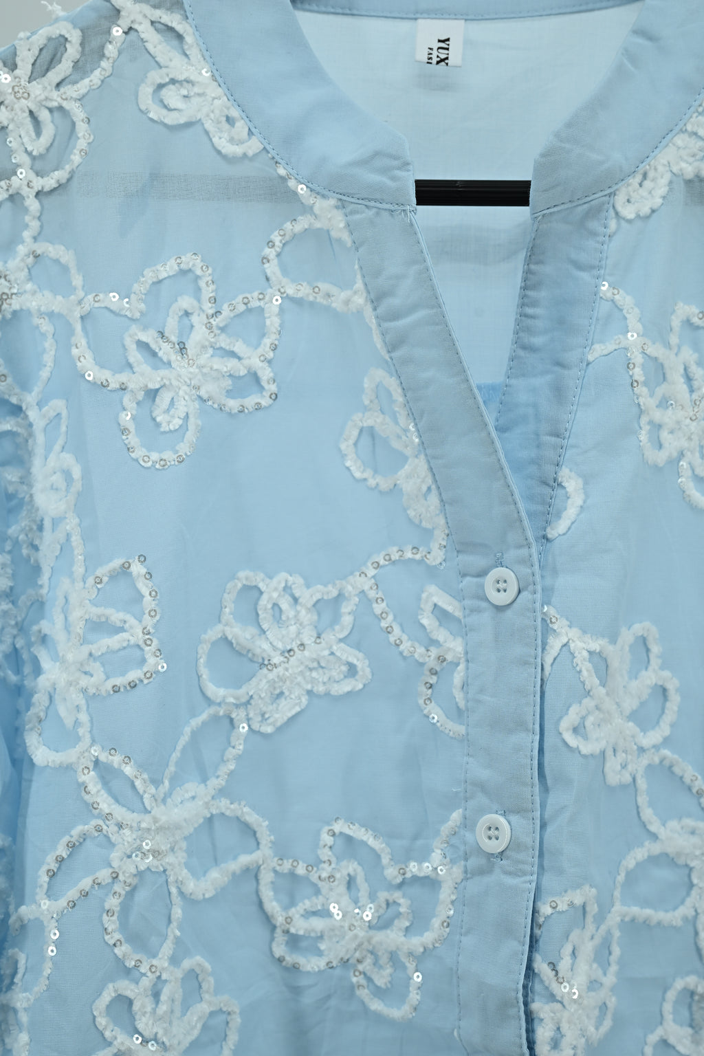 Sky Blue Floral Embroidered Sheer Top