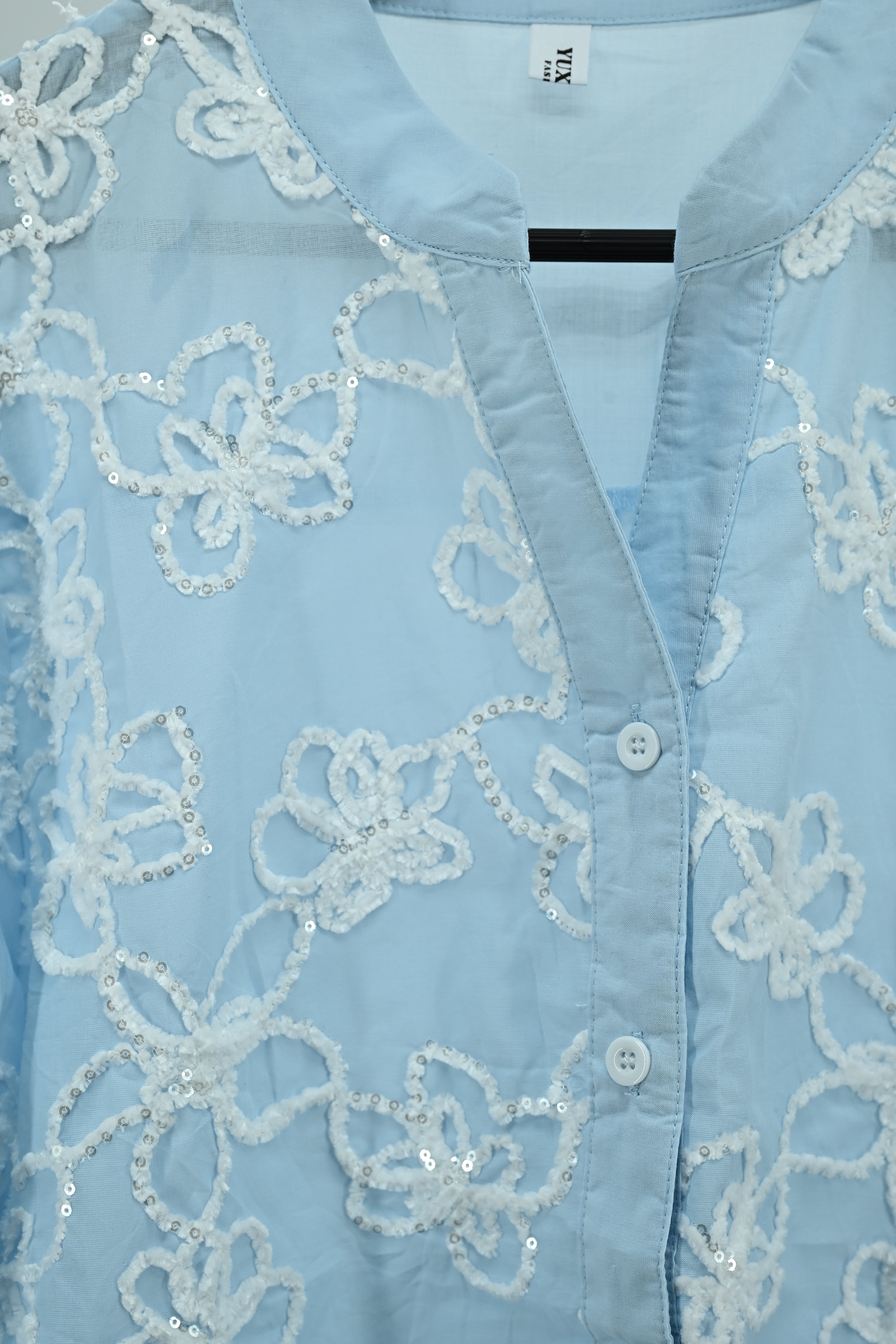 Sky Blue Floral Embroidered Sheer Top