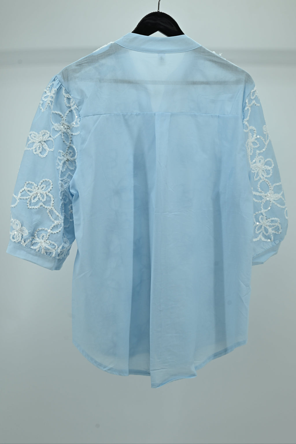 Sky Blue Floral Embroidered Sheer Top