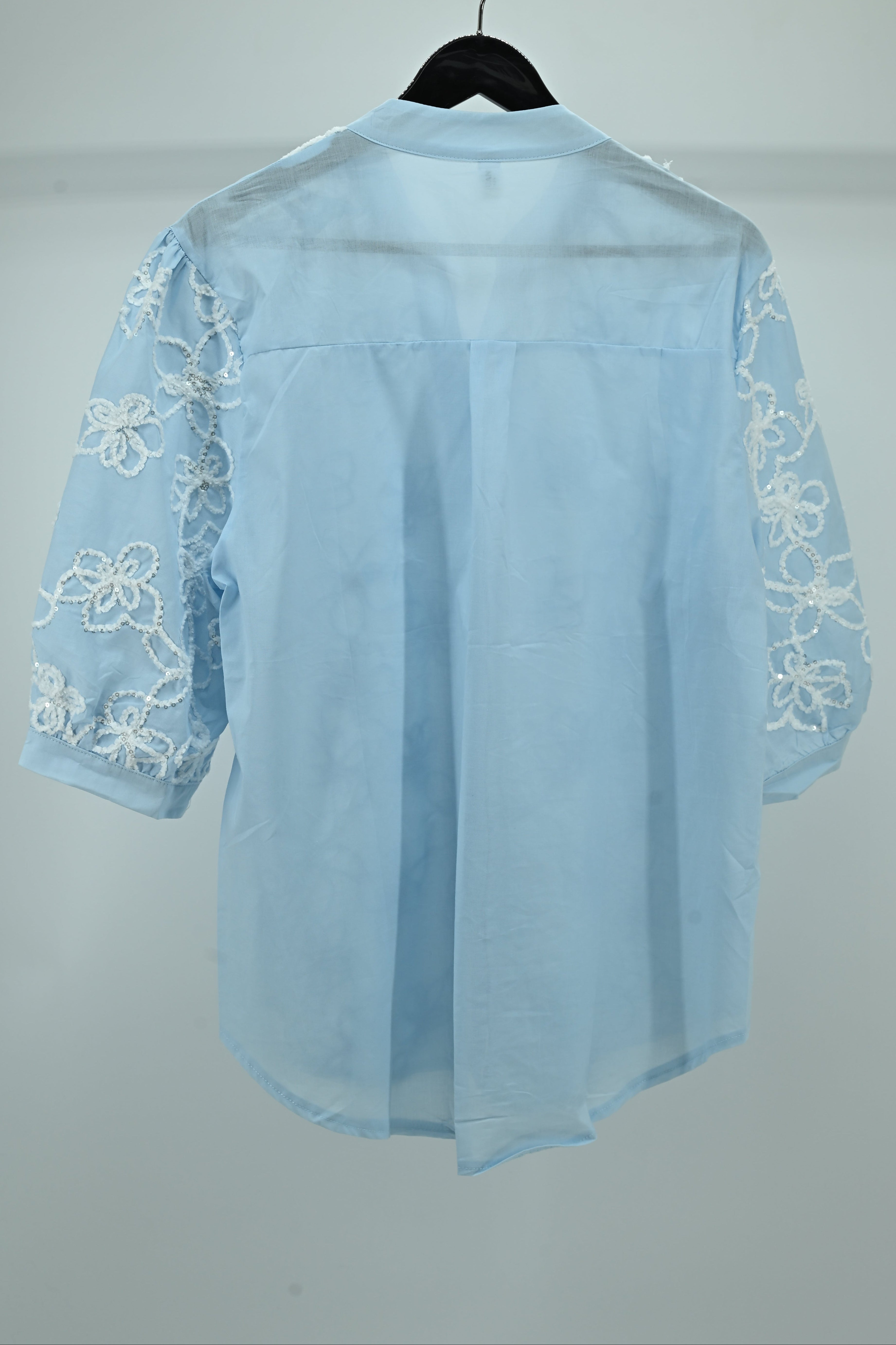 Sky Blue Floral Embroidered Sheer Top