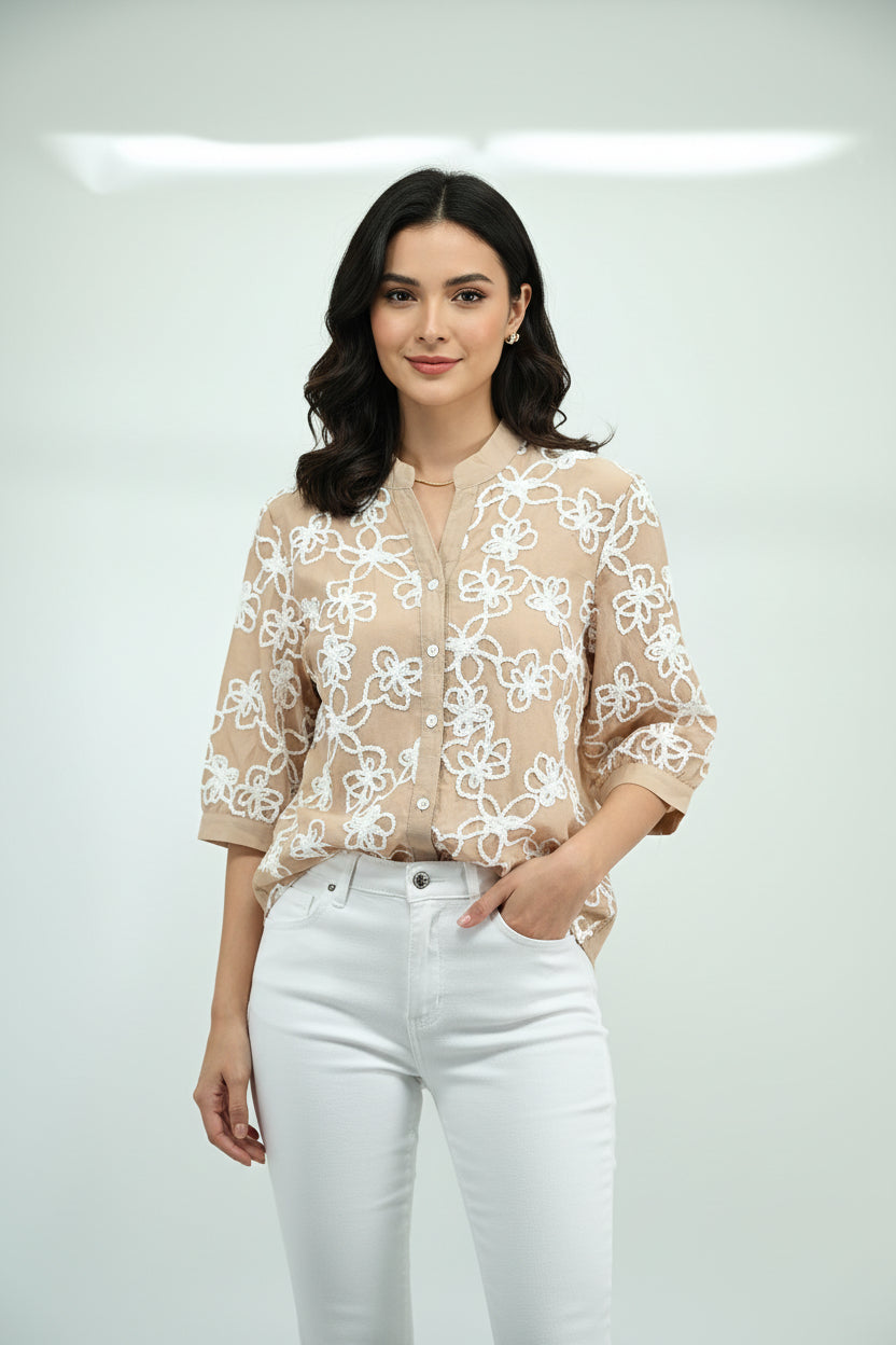 Beige Floral Embroidered Sheer Top