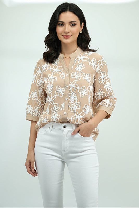 Beige Floral Embroidered Sheer Top