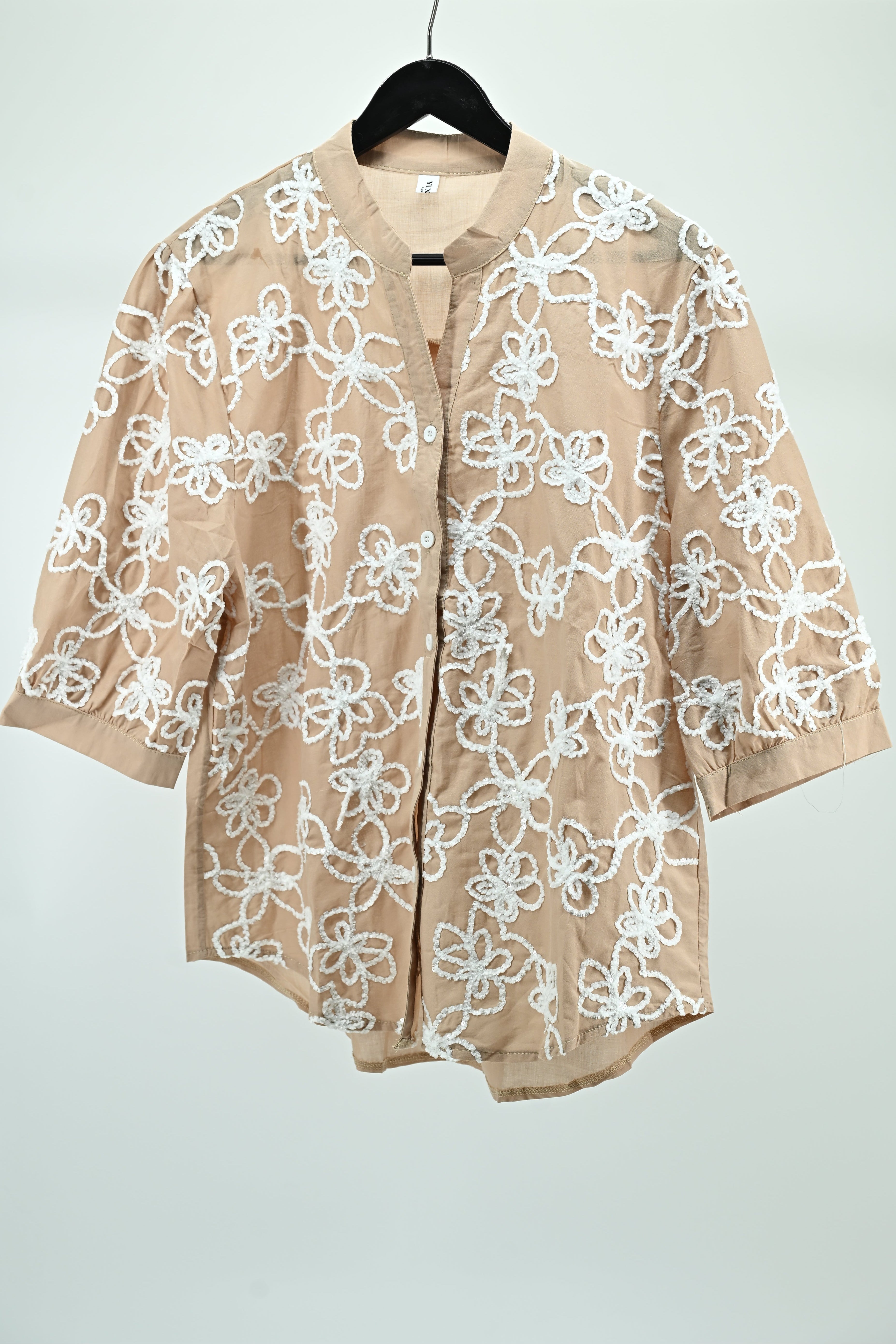 Beige Floral Embroidered Sheer Top