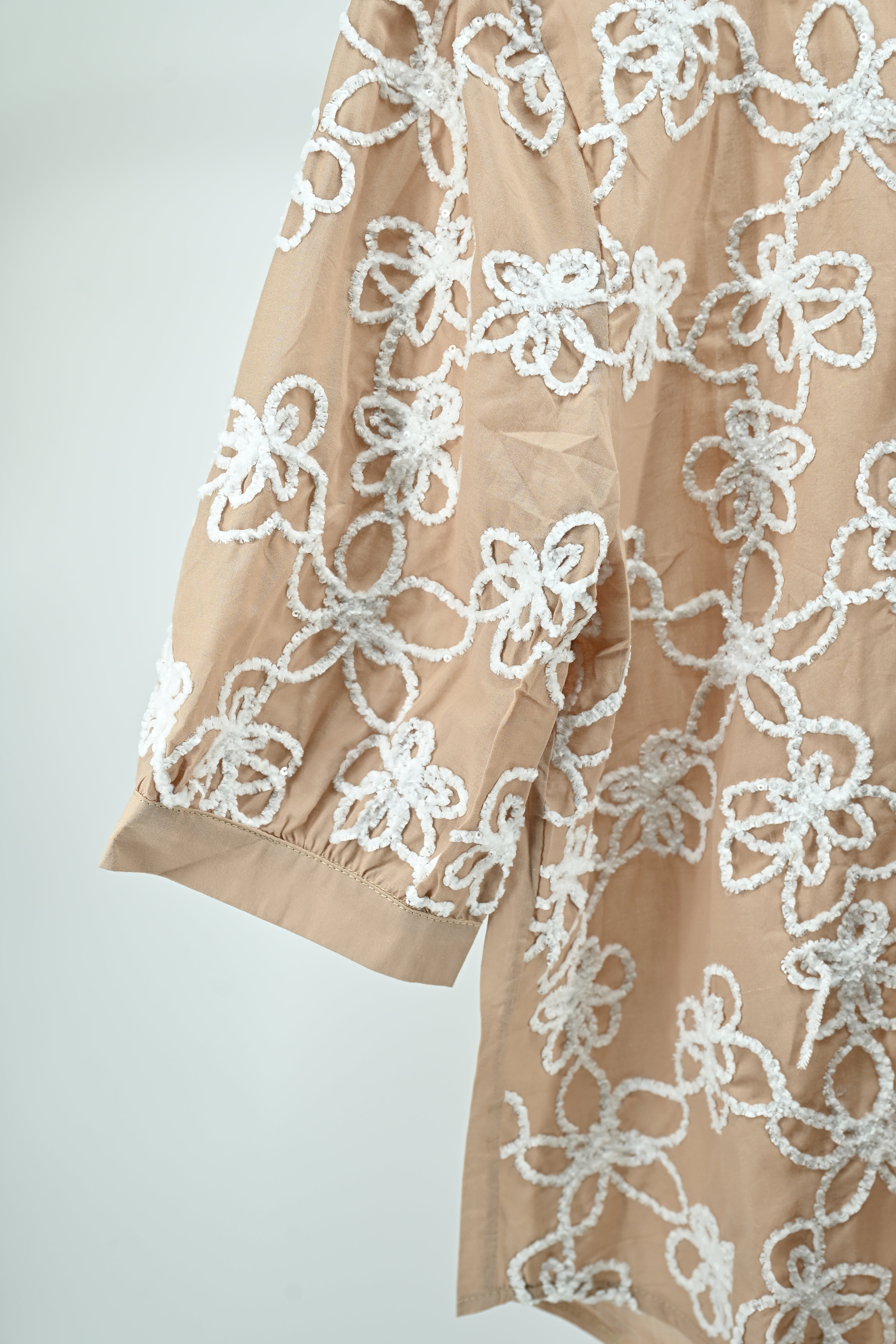 Beige Floral Embroidered Sheer Top