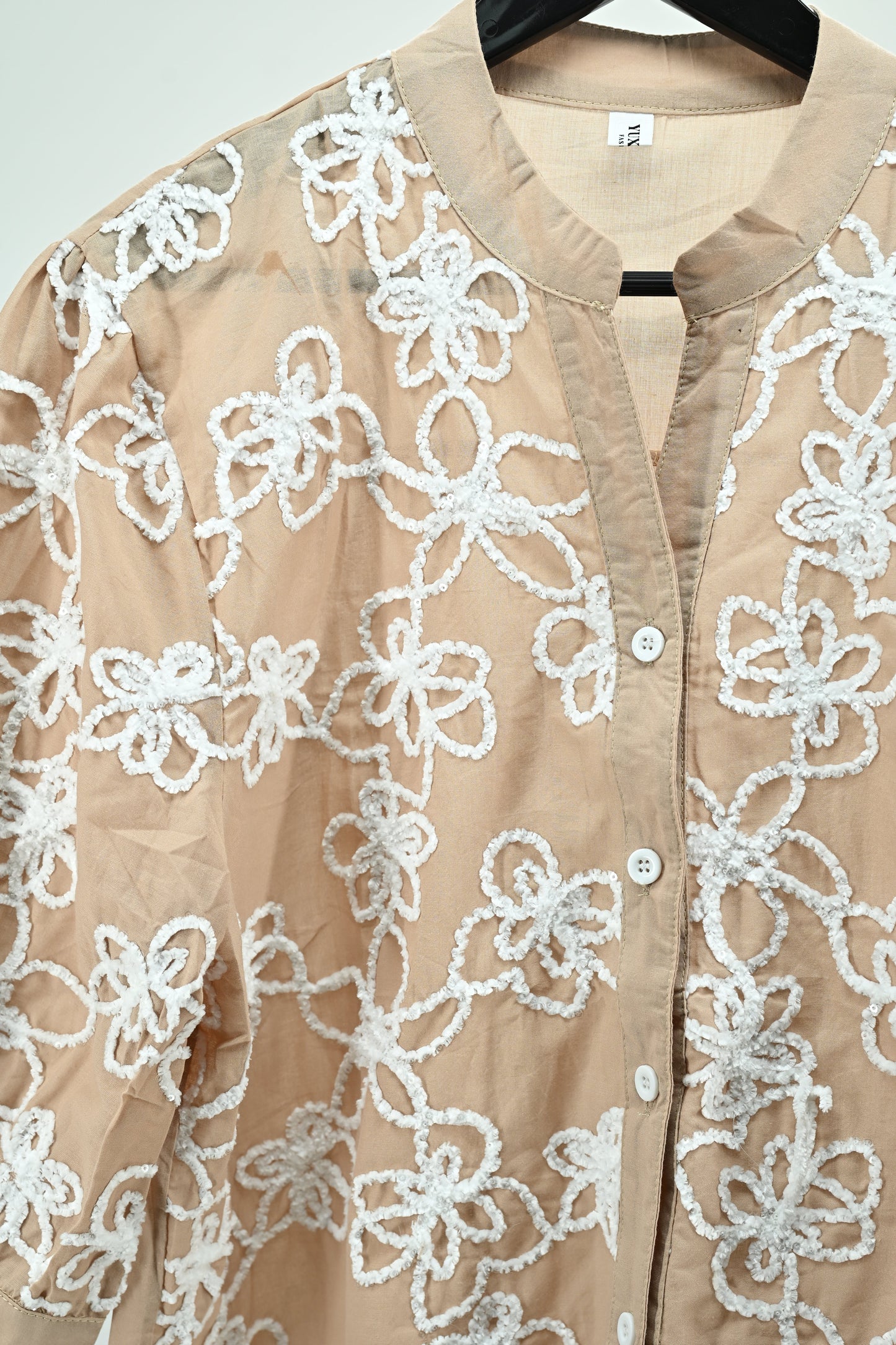 Beige Floral Embroidered Sheer Top