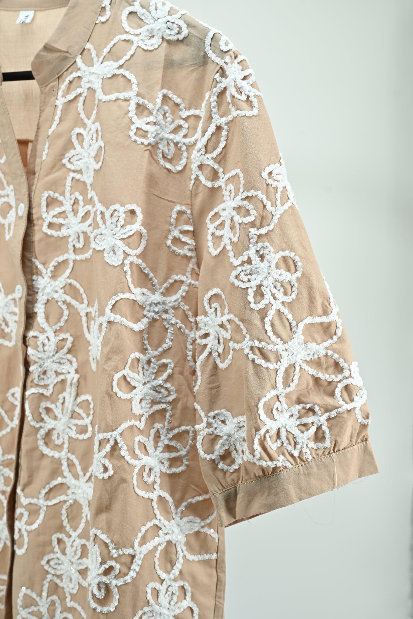 Beige Floral Embroidered Sheer Top