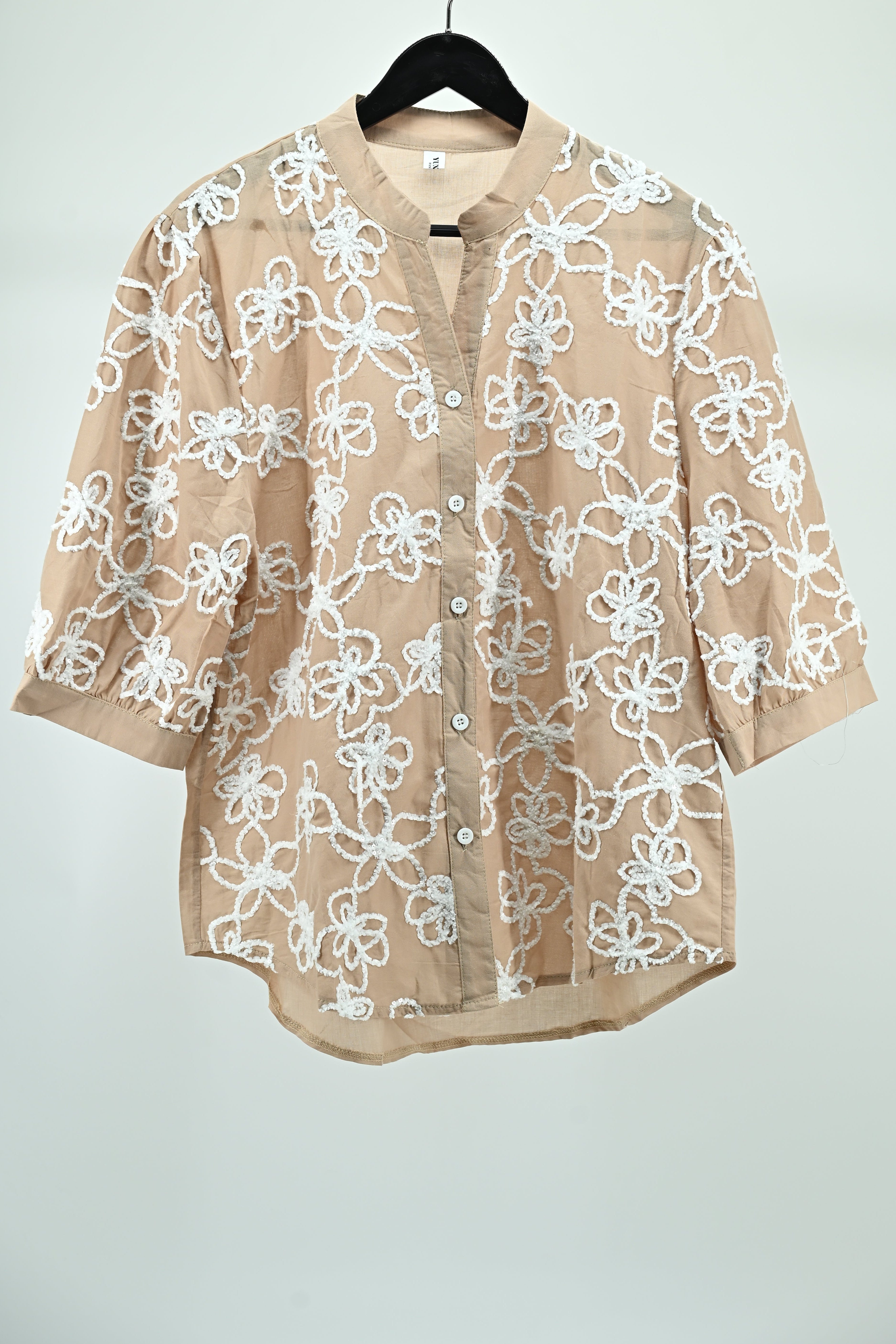Beige Floral Embroidered Sheer Top