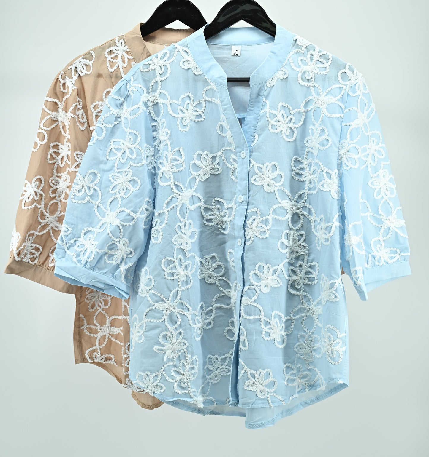 Beige Floral Embroidered Sheer Top