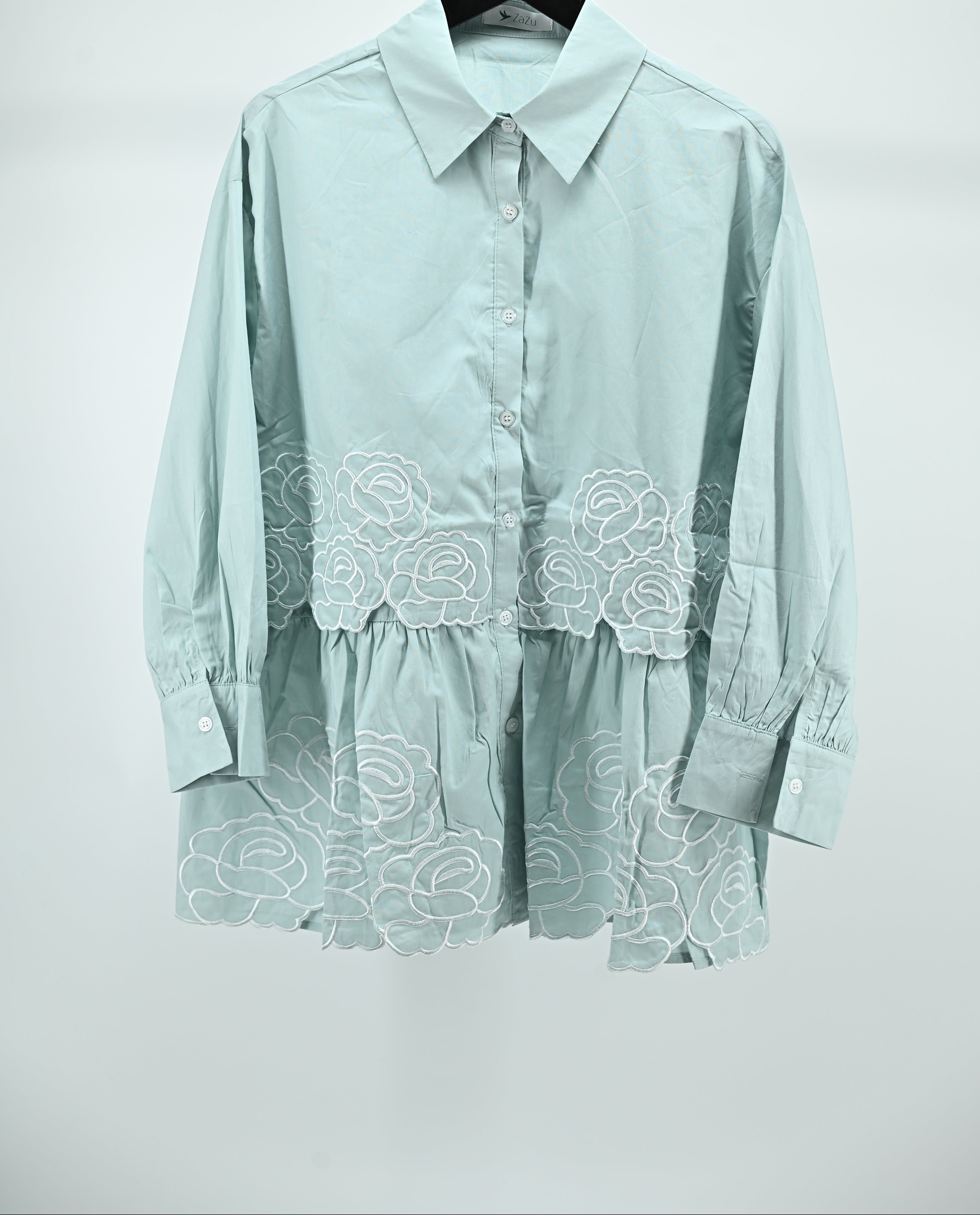 Dark Green Floral Embroidered Peplum Shirt – Free Size