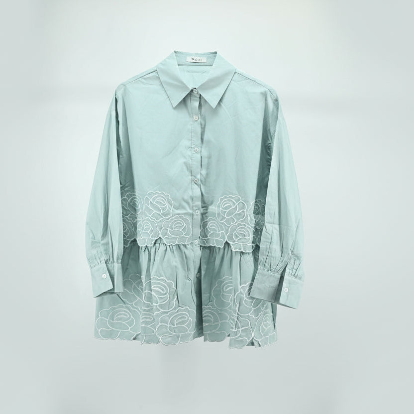 Light Green Floral Embroidered Peplum Shirt – Free Size