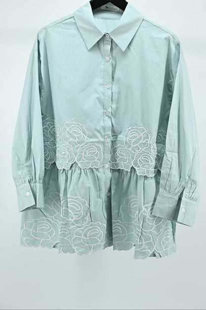 Light Green Floral Embroidered Peplum Shirt – Free Size