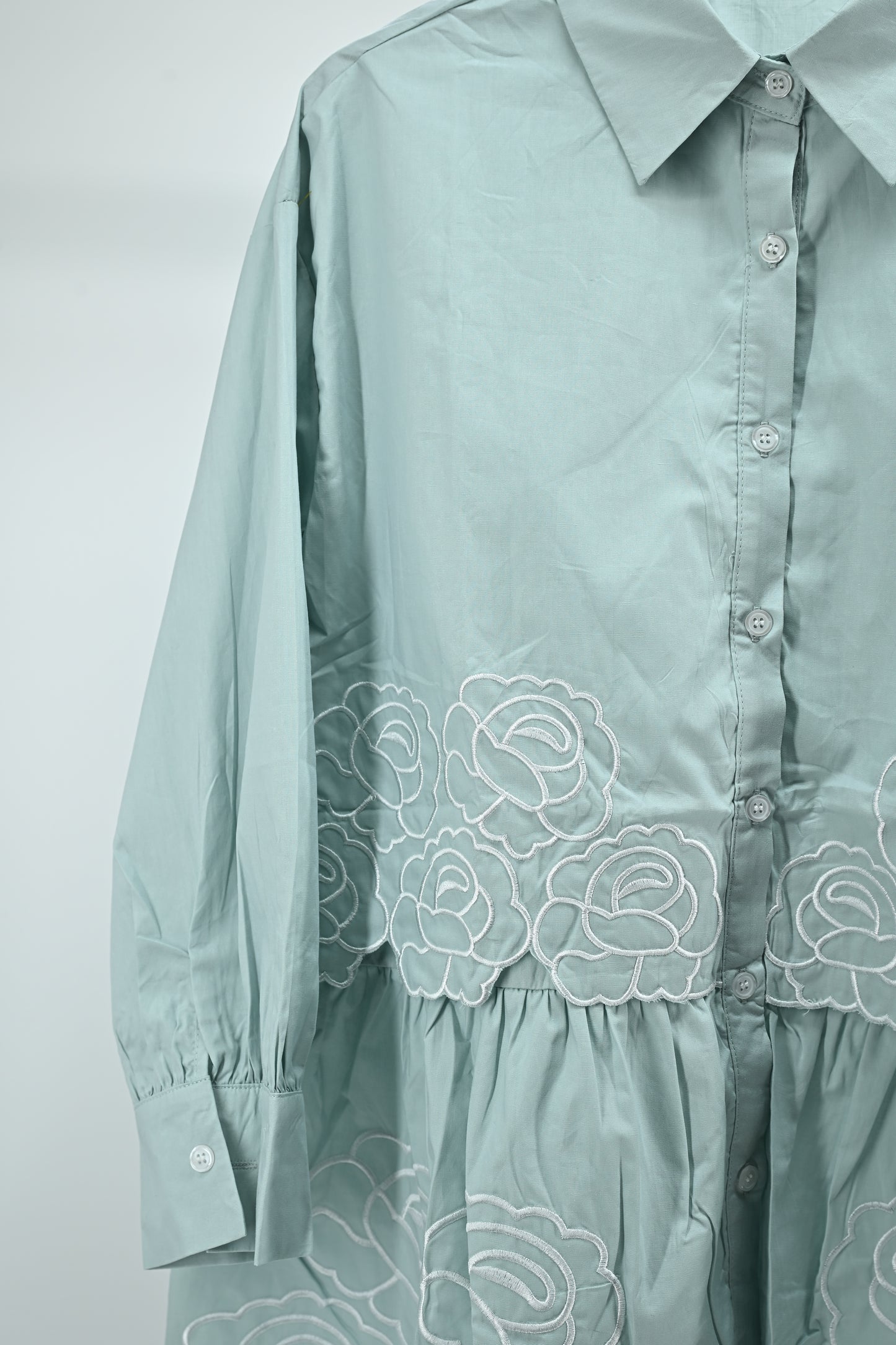 Light Green Floral Embroidered Peplum Shirt – Free Size
