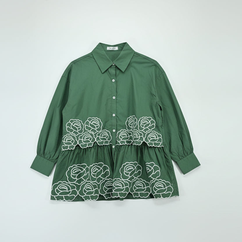 Dark Green Floral Embroidered Peplum Shirt – Free Size