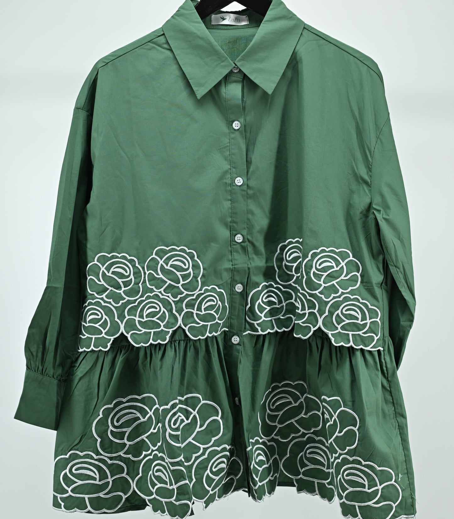 Beige Floral Embroidered Peplum Shirt – Elegant Women’s Top