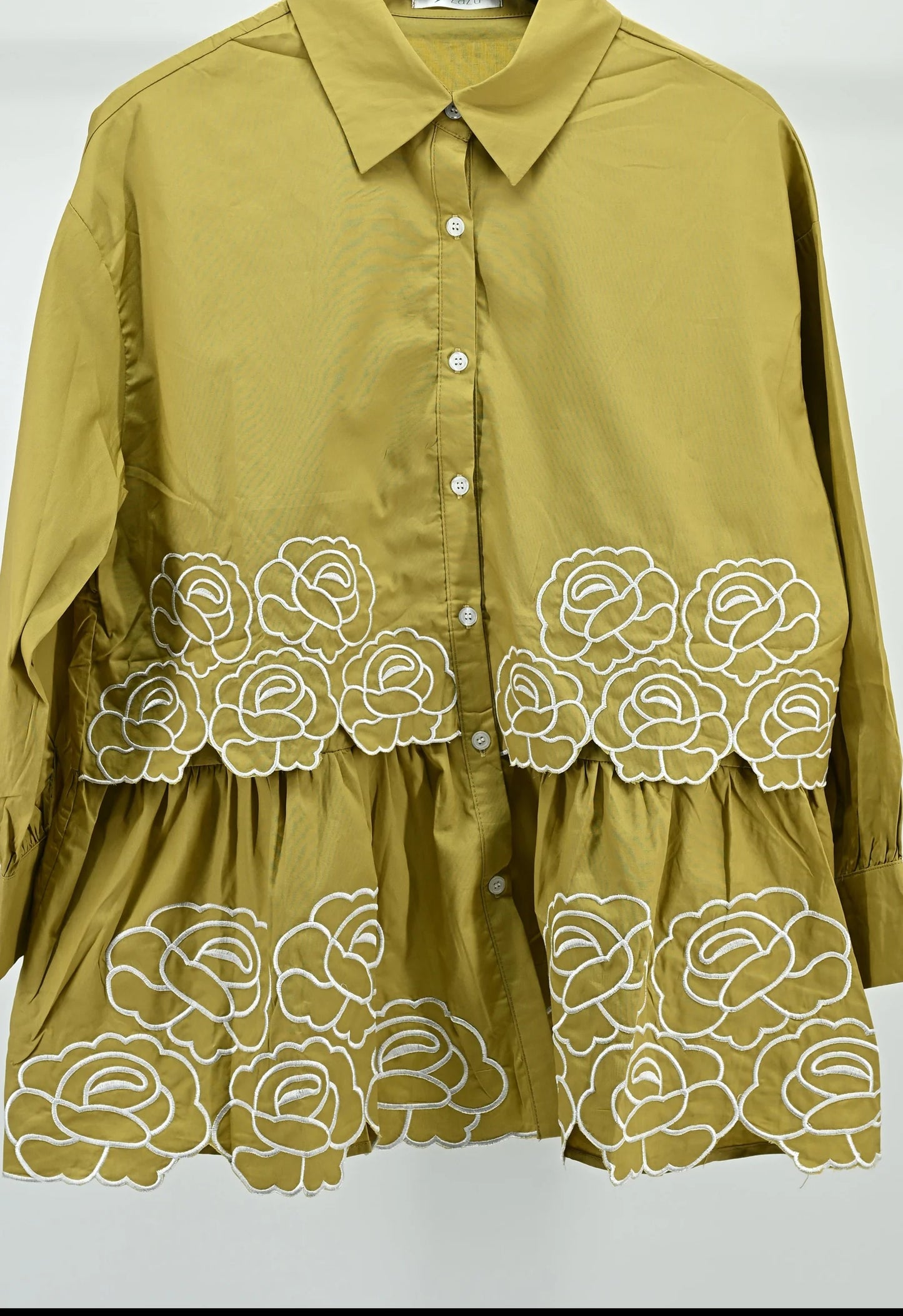 Light Green Floral Embroidered Peplum Shirt – Free Size