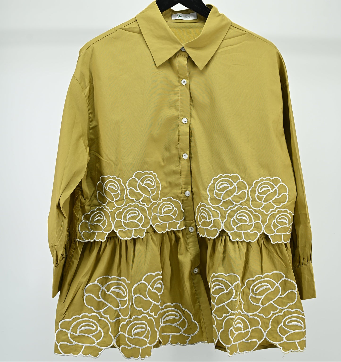 Olive Floral Embroidered Peplum Shirt – Free Size