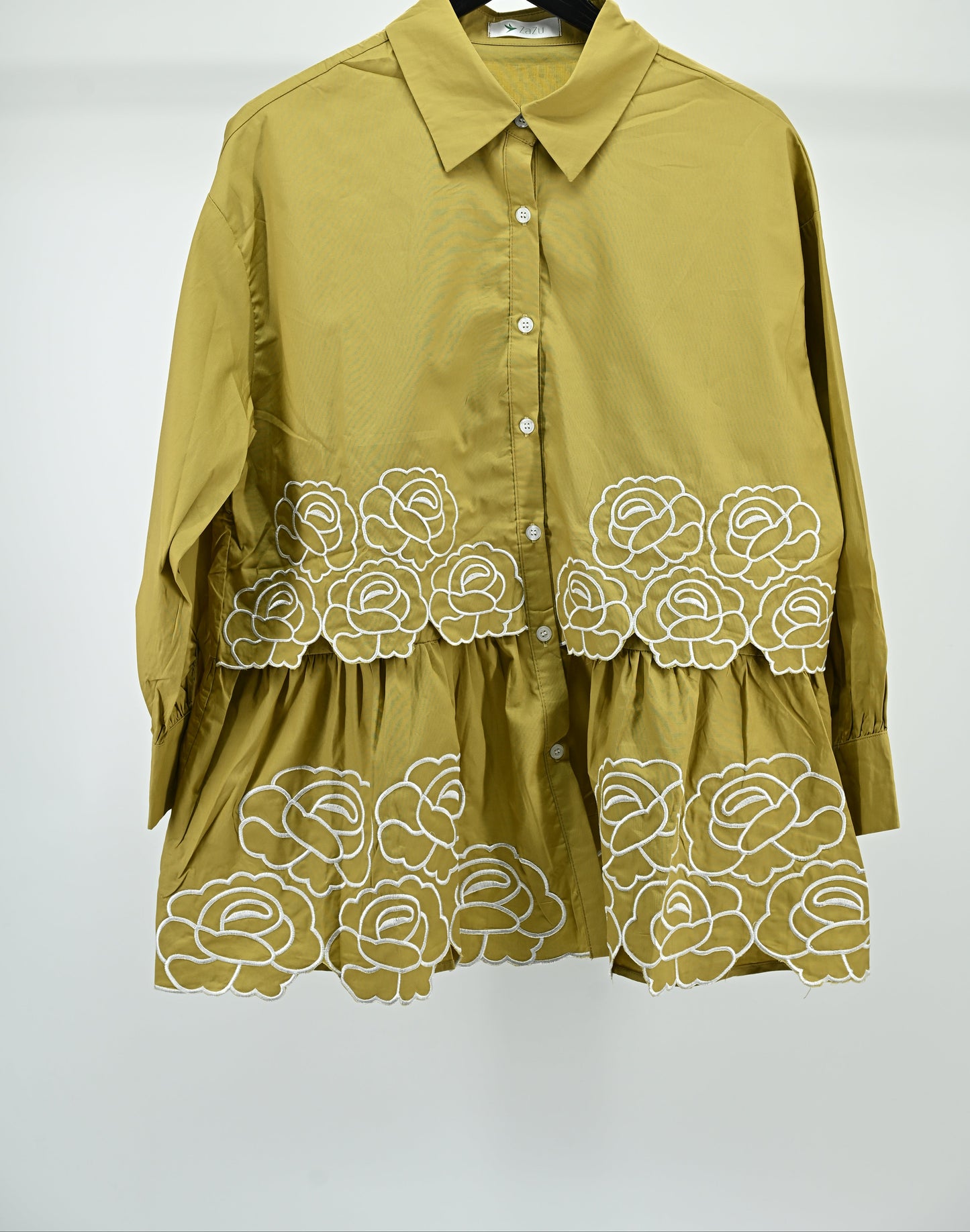 Beige Floral Embroidered Peplum Shirt – Elegant Women’s Top