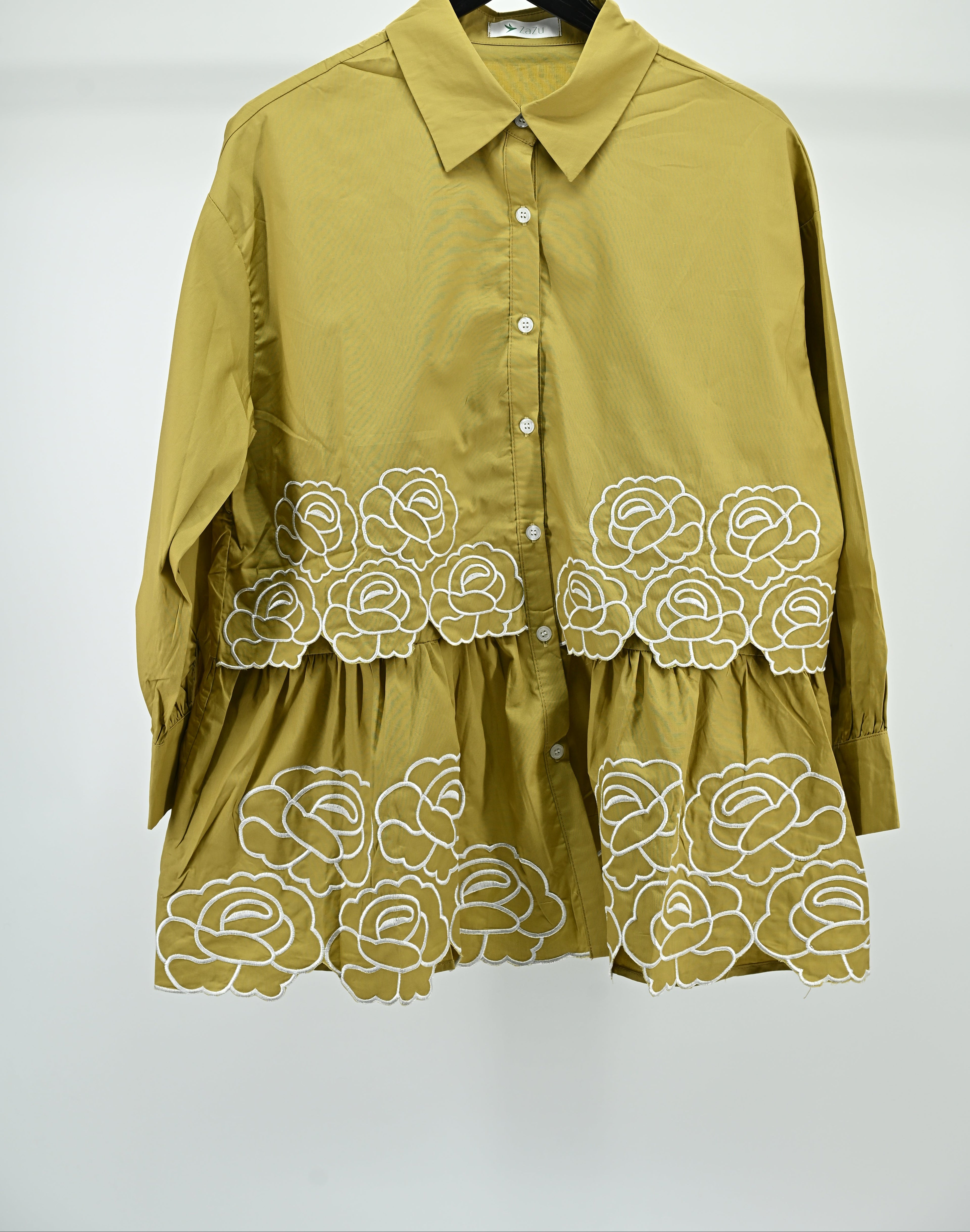 Dark Green Floral Embroidered Peplum Shirt – Free Size