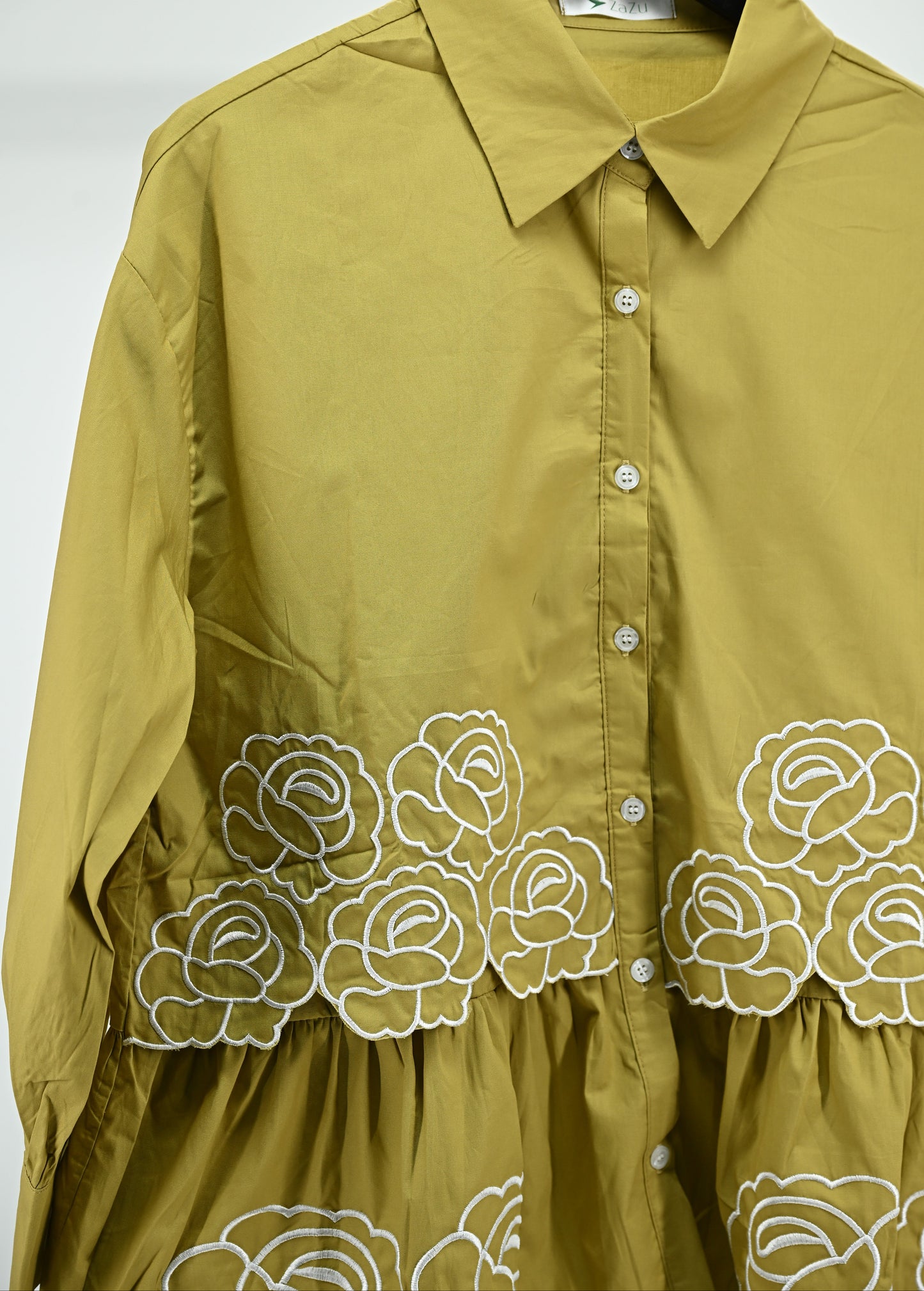 Olive Floral Embroidered Peplum Shirt – Free Size