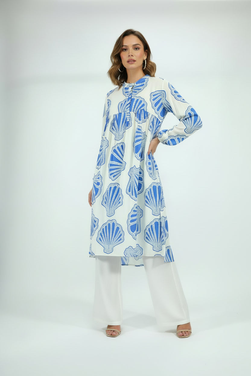 Women’s Elegant Blue Shell Print Flared Tunic Dress