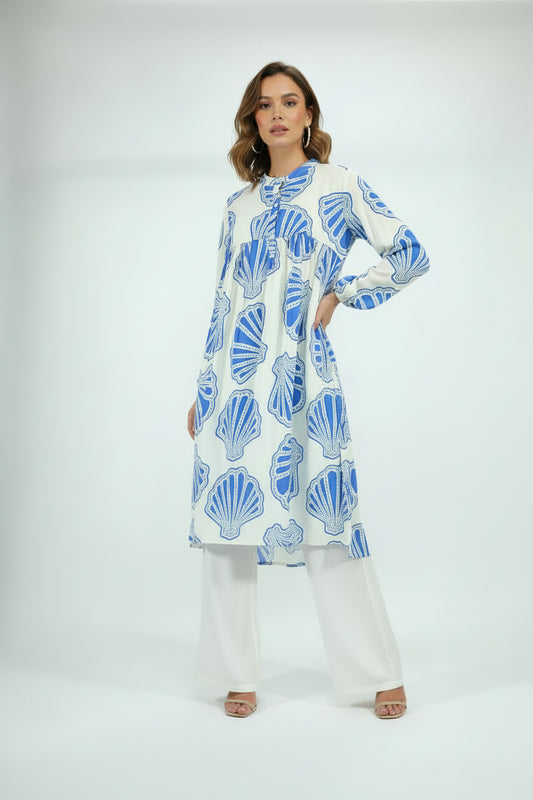 Women’s Elegant Blue Shell Print Flared Tunic Dress