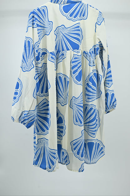 Women’s Elegant Blue Shell Print Flared Tunic Dress