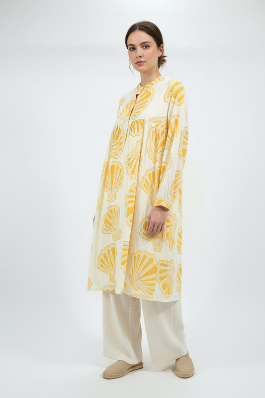 Women’s Cream & Mustard Shell Print Relaxed Tunic Dress